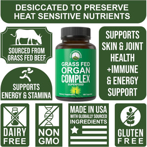 Peak Performance Grass Fed Beef Organ Complex from New Zealand (180 Capsules) Desiccated Organs Superfood Pills. Grassfed Beef Liver Capsules with Heart, Kidney, Pancreas, Spleen. Supplement