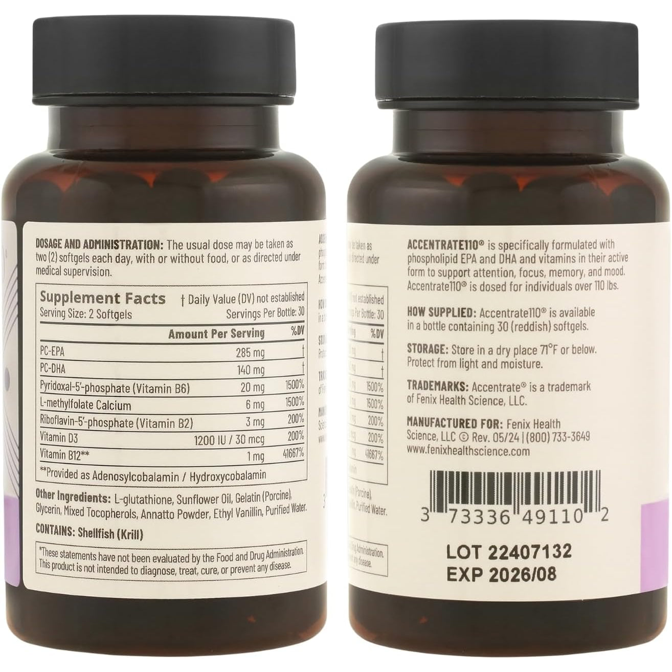Accentrate110 - Focus Supplement - Methylated Vitamin B Complex with Omega 3 Fatty Acid Supplement - L-Methylfolate, Vitamin B12, P-5-P, Riboflavin, VIT D, – 60 Softgels (1 Month Supply)