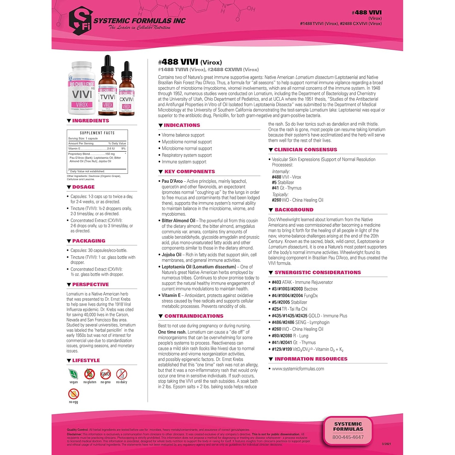 Systemic Formulas Bio Challenge #488 VIVI Virox - 30 Capsules. Powerful Immune Support Blend with PAU D’Arco, Leptotaenia Oil (Lomatium Dissectum), Bitter Almond Oil, Jojoba Oil and Vitamin E.