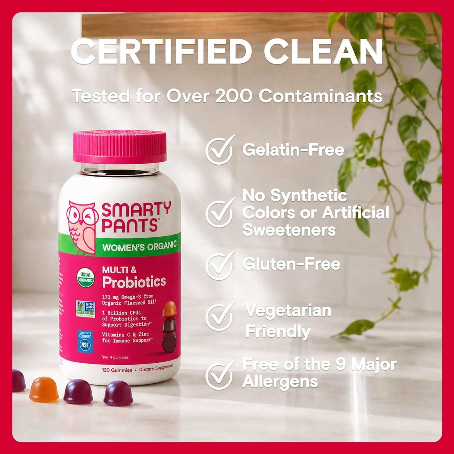 Smartypants Organic Women'S Multivitamin Gummies: Biotin, Probiotics, Methylfolate, Omega 3 (ALA), Vitamin D3, C, Vitamin B12, B6, A, K & Zinc, Inositol, Gluten Free, 120 Count (30 Day Supply)