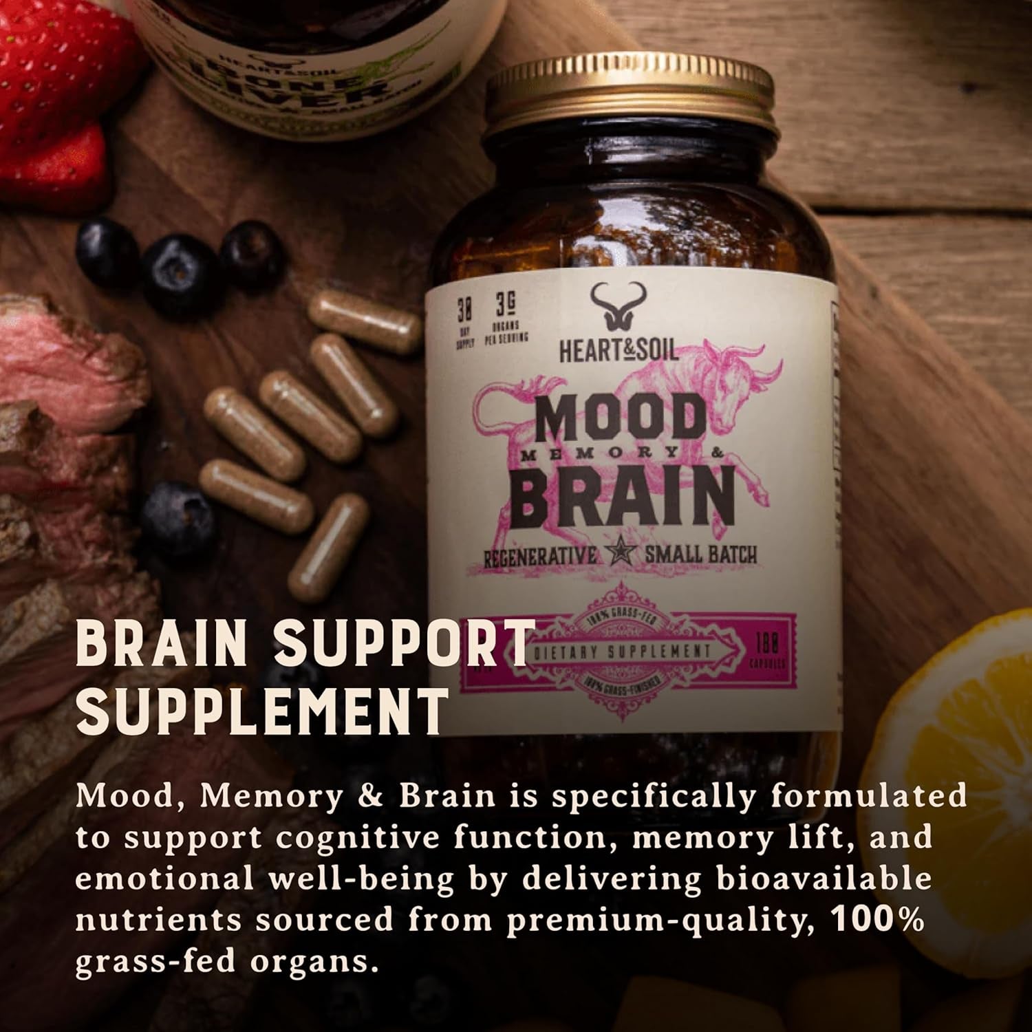 HEART & SOIL – 100% Grass Fed & Finished Beef Brain Supplement from Regenerative Cattle – for Cognitive Function & Memory – 3000Mg Focus Supplement with Beef Organs – Glass Bottle – 180 Capsules