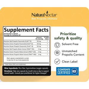 Naturanectar - Ultimate Bee Propolis Capsules - NSF Contents Certified -Brazilian Red, Brown, & Green - Gluten-Free Supplement with Flavonoids - Naturally Sourced through Ethical Beekeeping (60Pcs.)