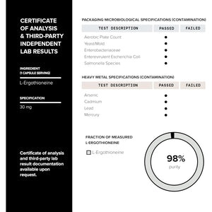 Ergothioneine with Clinically Studied Mitoprime® - High Potency 30Mg with 98% Purity - Fermentation-Based L Ergothioneine Supplement - Longevity and Immune Support - Third-Party Tested, 90 Capsules