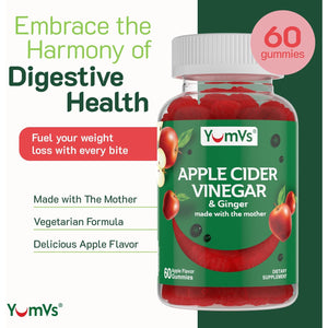YUM-V'S Apple Cider Vinegar Gummies – ACV Gummies with Ginger & the Mother – Supports Metabolism, Vitality & Daily Wellness – Natural Apple Flavor Vegan, Non-Gmo, Gluten-Free, Cider Gummy – 60 Count