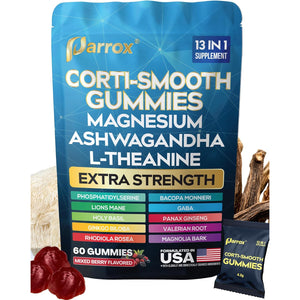 Corti-Smooth Cortisol Support Gummies with Magnesium, L-Theanine, Ashwagandha, Phosphatidylserine, Bacopa Monnieri, Lions Mane, Ginkgo Biloba, Valerian Root (60 Gummies - Mixed Berry Flavor)