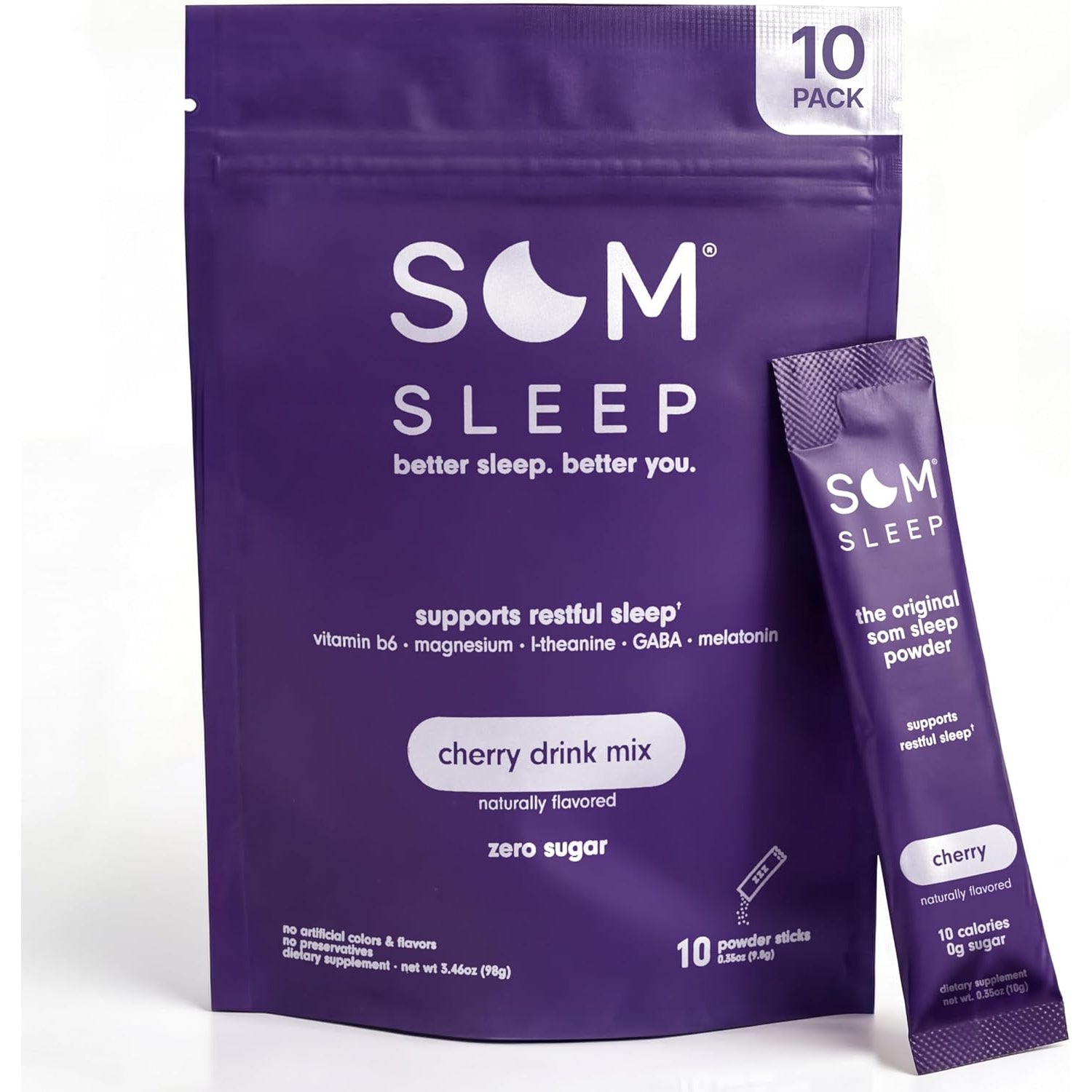 Som Sleep, Restful Sleep Powder Drink Mix W/Melatonin, Magnesium, Vitamin B6, L-Theanine & GABA – Vegan, Zero Sugar, Keto Friendly – Cherry, 10-Pack