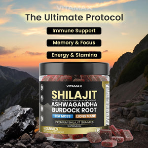 Pure Shilajit Gummies, Sea Moss, Ashwagandha, 105+ Trace Minerals – Organic Burdock Root & Lions Mane Mushroom – Watermelon Flavor - Vegan & Non-Gmo – Made in USA – 60Ct