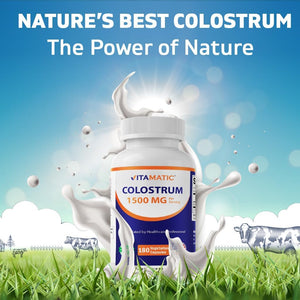 Vitamatic Bovine Colostrum 30% Igg Supplement 1500 Mg per Serving - Supplement for Gut Health, Hair Growth, Beauty, Muscle Recovery, & Immune Support - 180 Veg Capsules