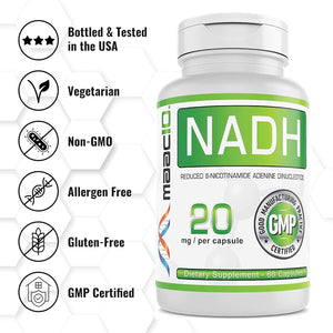 MAAC10 NADH Supplement 20Mg Each 60 Capsules for Energy, Fatigue, Mental Focus & NAD+ Longevity Support | Pharmaceutical Grade 99% Pure NADH