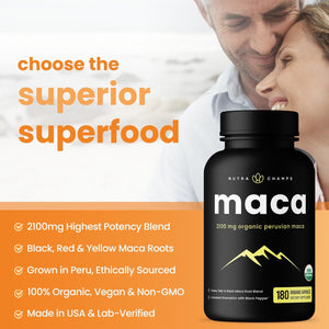 Nutrachamps USDA Organic Maca Root Capsules for Women & Men, 2100Mg, 180 Capsules, Black, Red & Yellow, Peruvian Maca Peruana, Extra Strength Pure Premium Gelatinized Root Powder Supplement