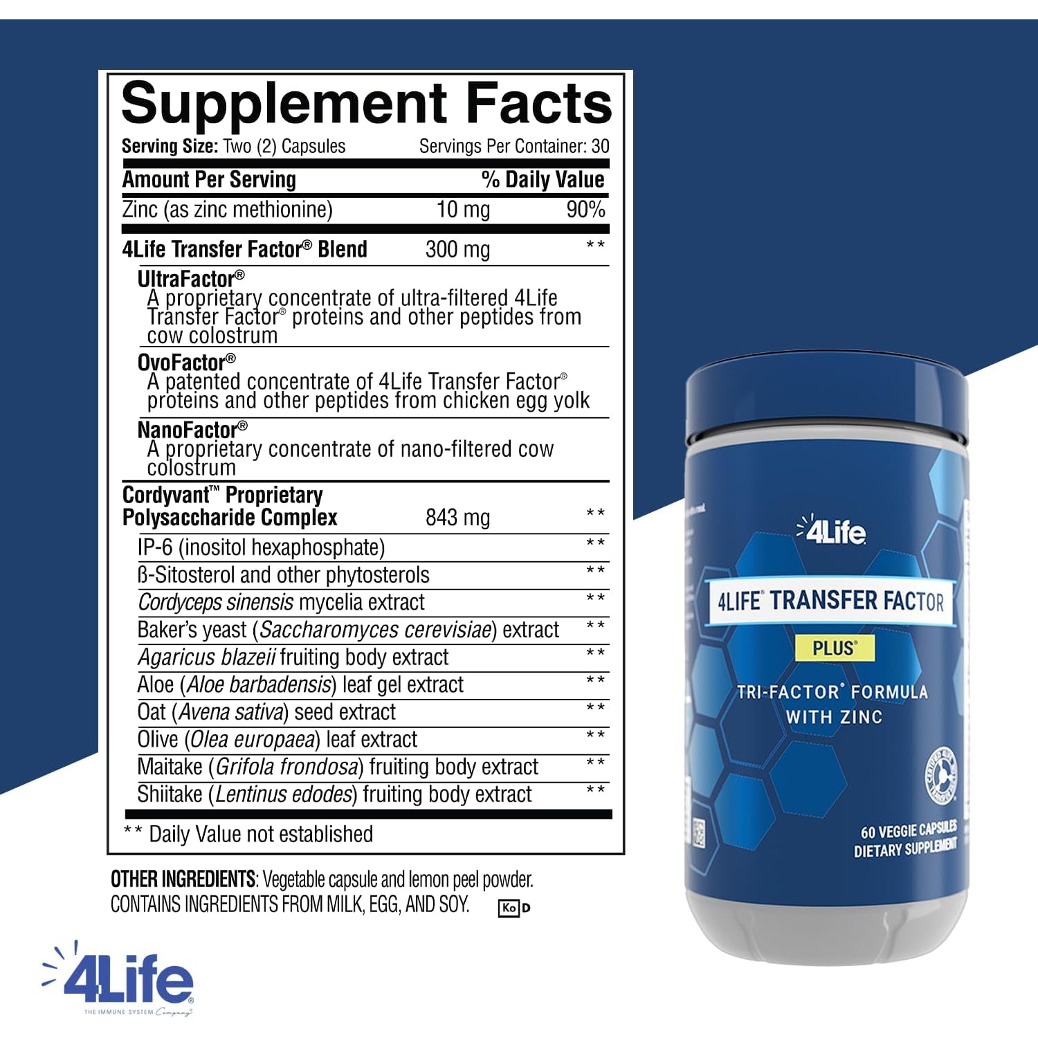 4Life Transfer Factor plus - Support with Zinc, Super Mushroom Blend (Maitake, Shiitake, Agaricus), and Colostrum & Egg Yolk Extracts - 60 Capsules