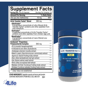 4Life Transfer Factor plus - Support with Zinc, Super Mushroom Blend (Maitake, Shiitake, Agaricus), and Colostrum & Egg Yolk Extracts - 60 Capsules