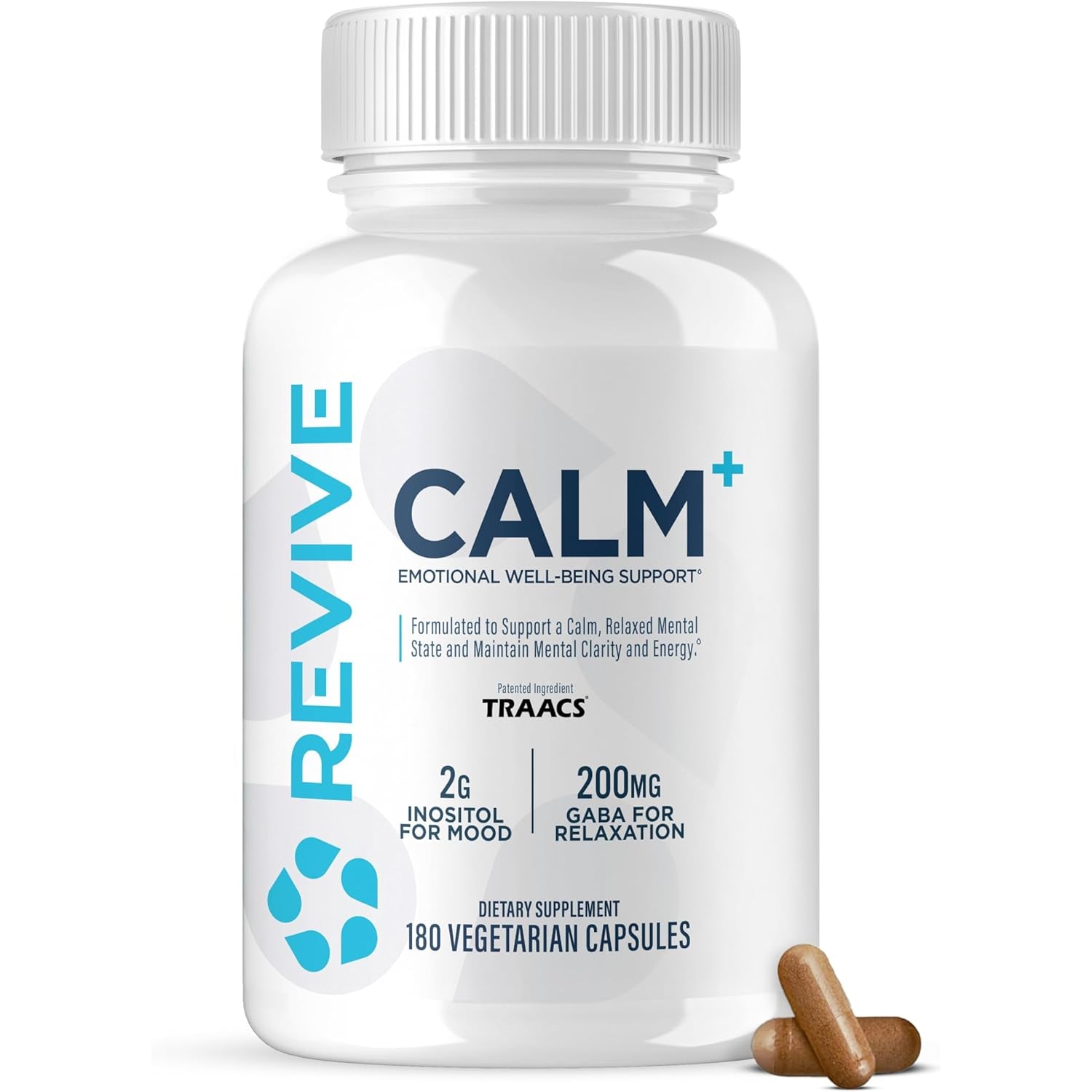 Revive MD Calm, Emotional Well-Being Support Supplement - Stress Management for Men & Women - Mood Enhancement Supplement Promotes Relaxation with L-Theanine, GABA & 5-HTP (180 Capsules, 30 Servings)