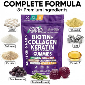 Growvana Hair Growth Gummies for Women Biotin Collagen Keratin Saw Palmetto Horsetail Astaxanthin Iron Zinc Pantothenic Acid Vitamin a D E Pumpkin Seed Ahiflower MSM Supplement by Clean Nutra 90 Count