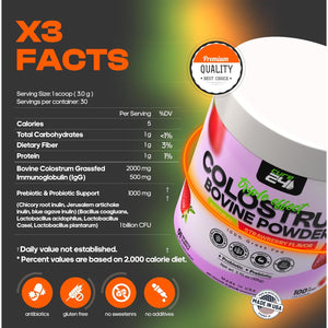Bovine Colostrum X3 Supplement Powder for Humans, 100% Pure Whole Natural Grass Fed Superfood, High Igg, plus Probiotic & Prebiotic, Unflavored, Made in USA (Strawberry)