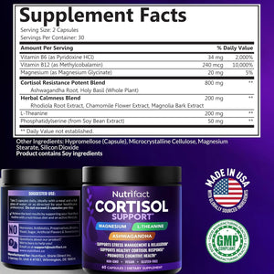 Cortisol Supplements for Women & Men – Cortisol Reducer with Ashwagandha, Magnesium, L-Theanine & Vitamin B Complex – Stress Relief, Vegan, Non-Gmo, Made in USA – 60 Capsules
