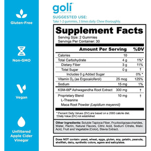 Goli Zero Sugar Ashwagandha Gummies with KSM-66, L-Theanine, Maca and Vitamin D - No Sugar Alcohols - Vegan, Keto-Friendly, Non-Gmo