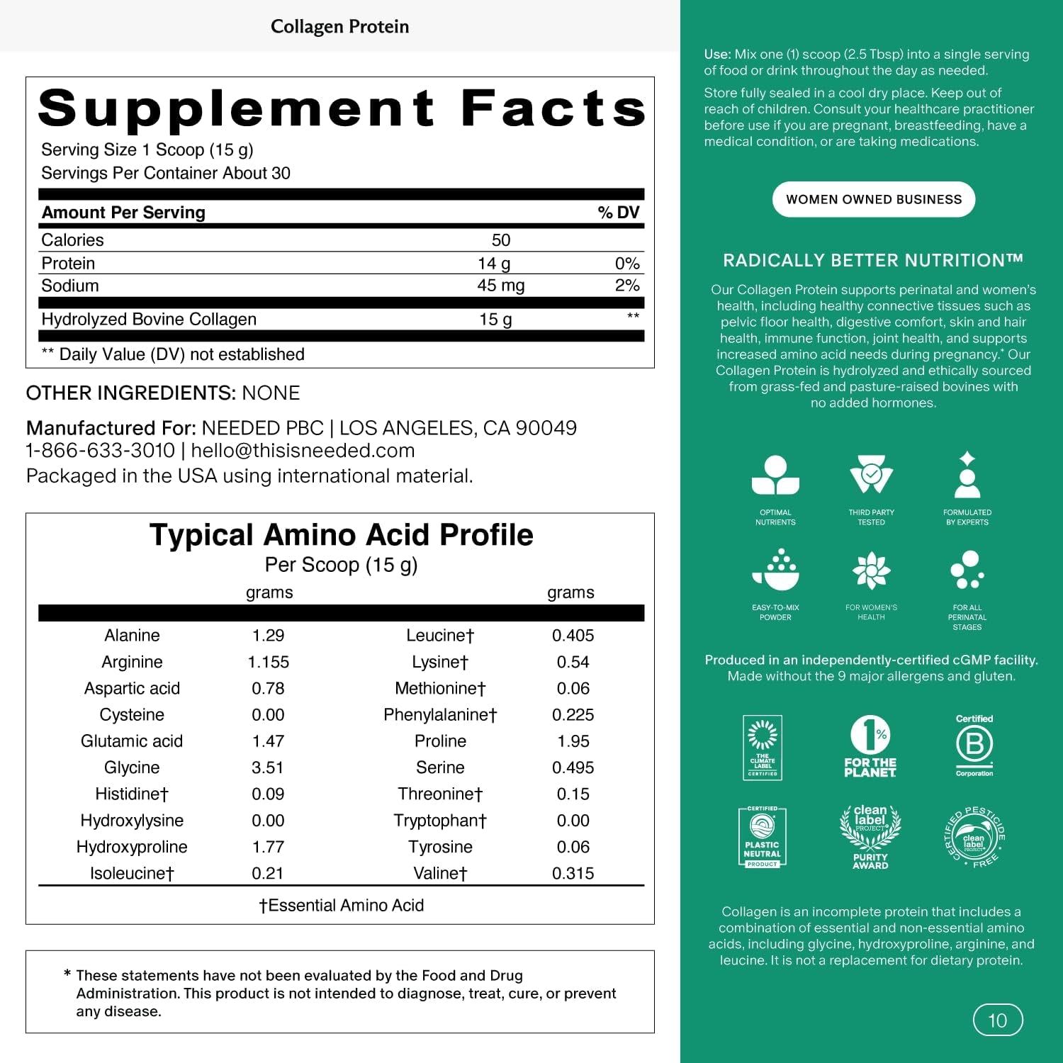 Needed. Hydrolyzed Collagen Protein Powder | Expert-Backed & Clean Sourced | Supports Skin, Hair, Joints | Grass-Fed, Pasture-Raised, Hormone-Free | 1Lb