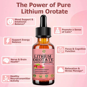 Pure Lithium Orotate Liquid Drops 5Mg, Low Dose Lithium Brain Supplement for Cognitive Memory Mood Behavior, High Bioavailability Liquid Lithium-Orotate Drops for Kids Adults Vegan Non-Gmo
