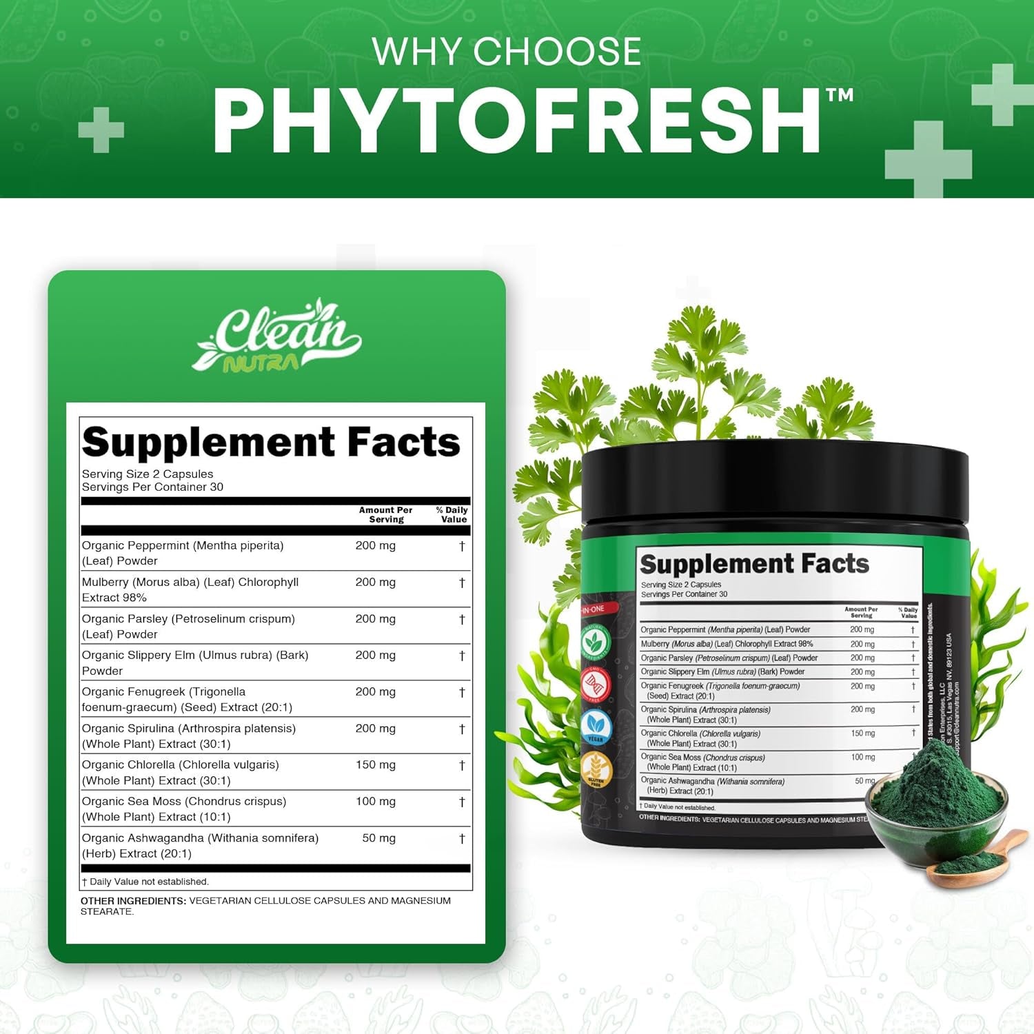 Clean Nutra Chlorophyll Capsules Supplement Internal Deodorant Peppermint, Sea Moss, Parsley, Chlorella, Spirulina, Slippery Elm, Ashwagandha, Phytofresh Greens Detox Pills