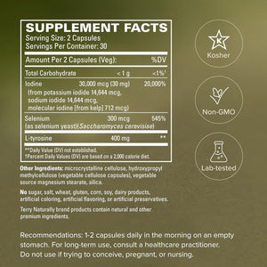 Terry Naturally Thyroid Care plus - Iodine + L-Tyrosine, 60 Capsules - Thyroid Support Supplement with Selenium, Promotes Energy & Metabolism - Non-Gmo, Gluten-Free, Kosher - 30 Servings
