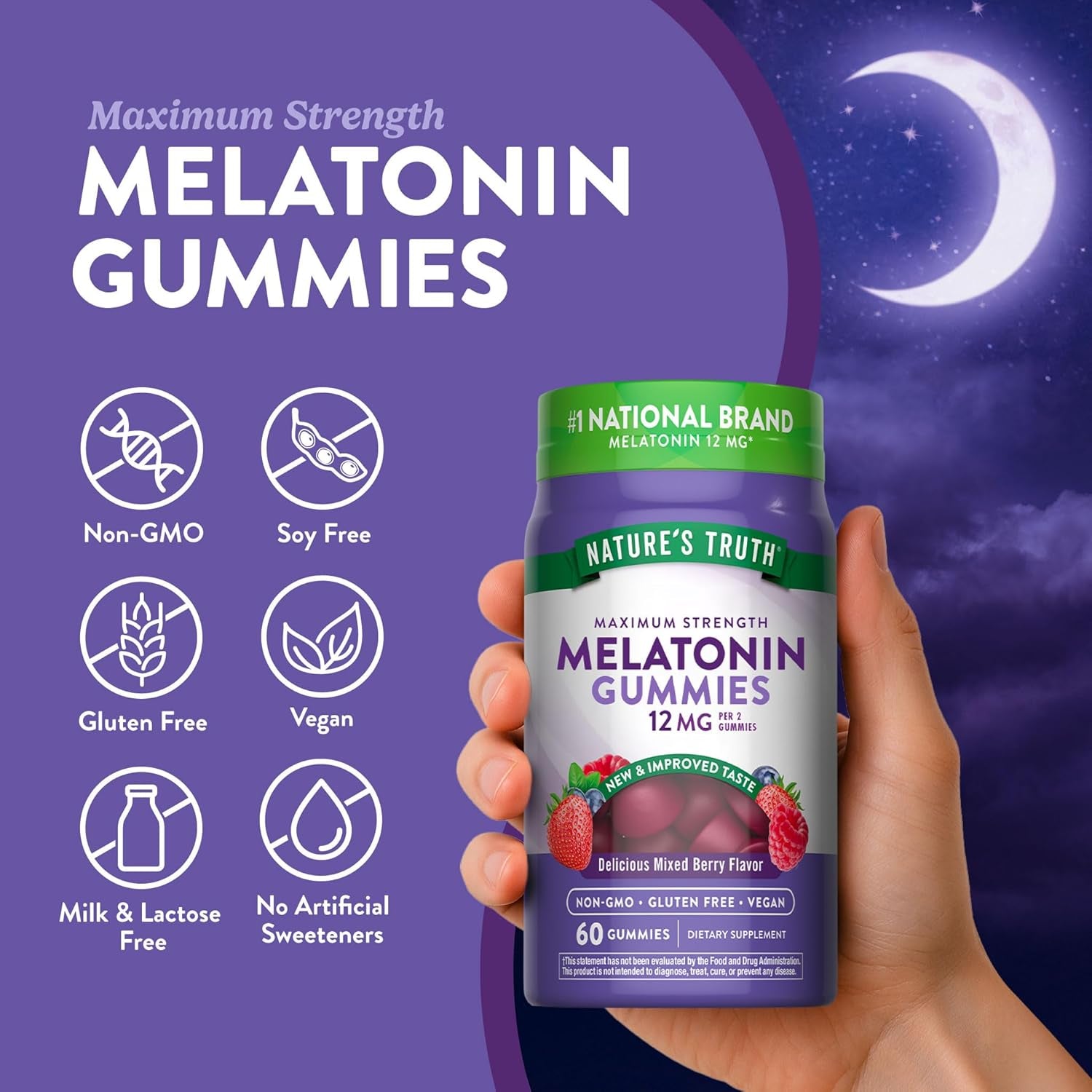 Nature'S Truth Melatonin Gummies | 12Mg | Mixed Berry Flavor | Vegan, Non-Gmo & Gluten Free Supplement