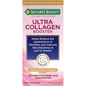 Nature’S Bounty Optimal Solutions Ultra Collagen Booster for Healthy-Aging Supplement, Resveratrol, Hyaluronic Acid – Collagen Capsules for Women, 48 Capsules