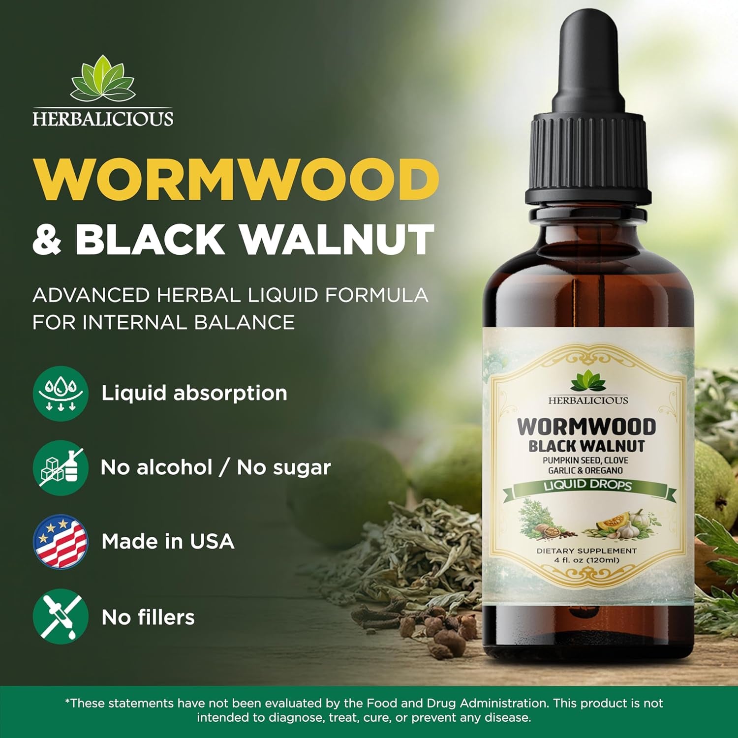HEBRALICIOUS Wormwood Black Walnut Clove Parasite Cleanse – Herbal Liquid Drops with Pumpkin Seed, Garlic & Oregano Oil – Alcohol-Free Tincture Supplement, 4 Fl Oz (120 Ml)