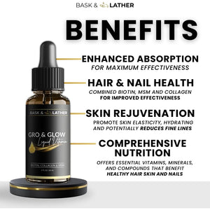 BASK & LATHER GRO & Glow Liquid Vitamin, Liquid Collagen for Women, Natural Ingredients with Collagen, Biotin, Msm, Beauty Supplement, Helps Support Healthy Hair, Skin & Nails, Cherry Flavor, 2 FL Oz