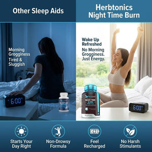 Herbtonics Night Time Burn & Sleep Complex Supports Overnight Metabolism, Stress Relief & Deep Sleep. Includes Melatonin, Valerian and Green Tea – Vegan Bedtime Weight Management (60 Capsules)