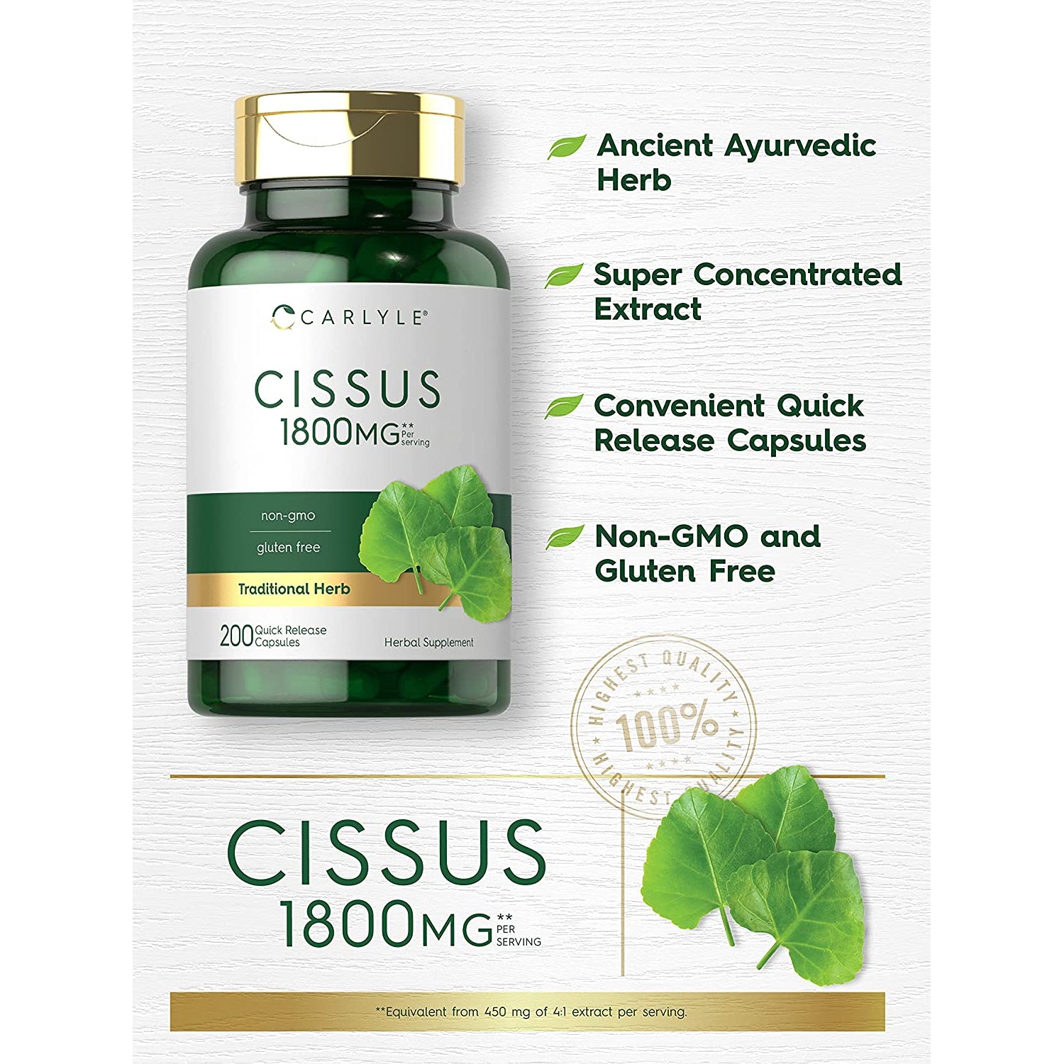 Carlyle Cissus Quadrangularis | 200 Capsules | Traditional Herb Extract Supplement | Non-Gmo and Gluten Free Formula