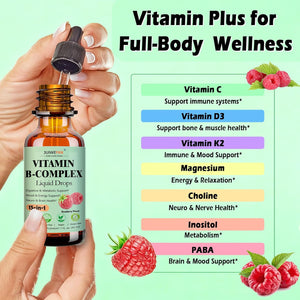 Vitamin B Complex Liquid Drops for Women Men & Kids, 15-In-1 VIT B Complex with Vitamin C B12 B6 B1 Niacin Folate Magnesium for Brain Nerve Neuropathy Energy Mood Health, Sublingual B-Complex Drops