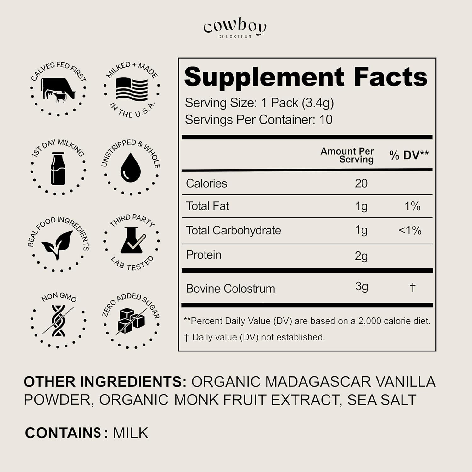 Cowboy - the Exclusive 1St Milking, Whole, Grass Fed Colostrum Supplement for Full Body Health - Bovine Colostrum Powder Packed W/Bioactive Nutrients (10 Travel Packs - Vanilla)