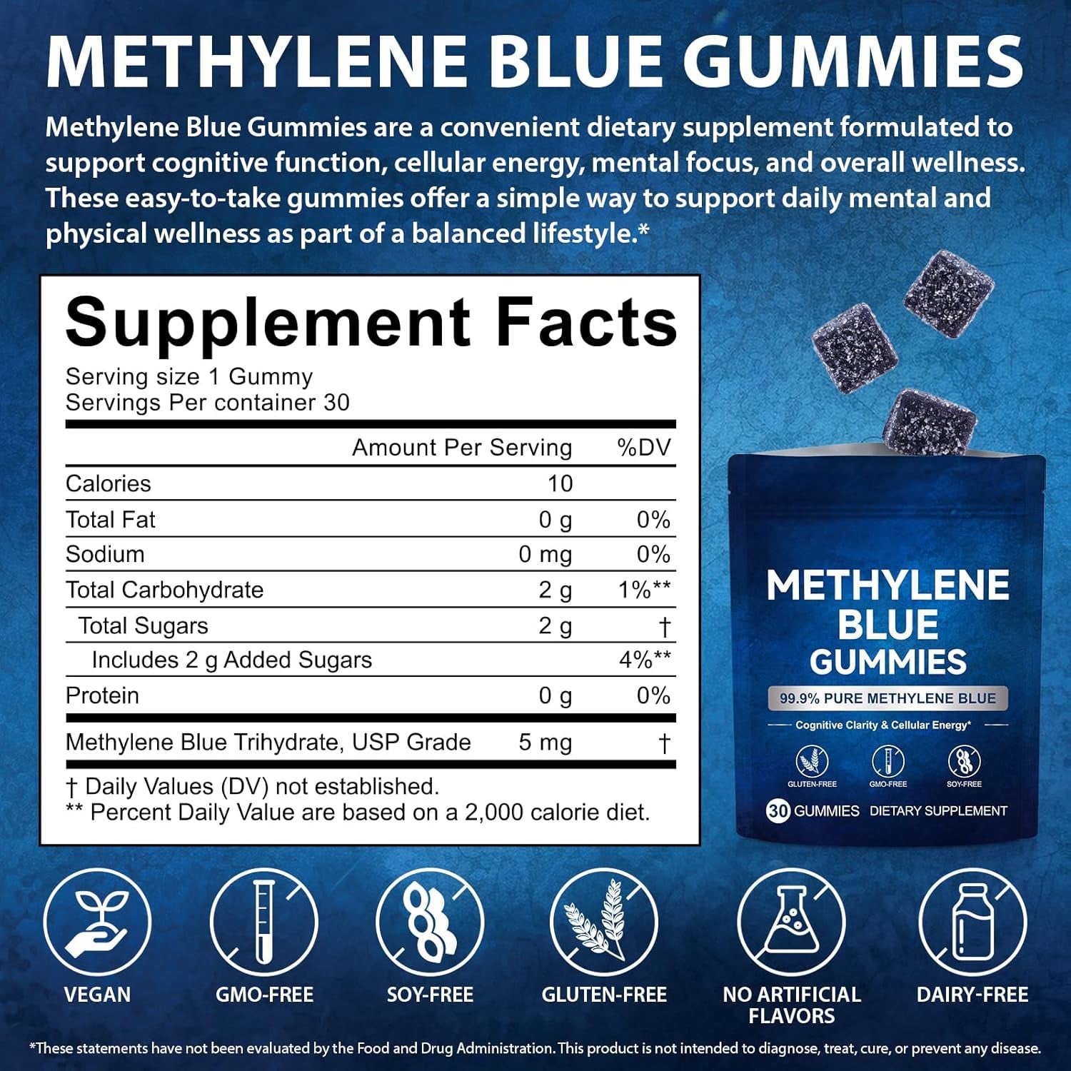 Methylene Blue Gummies 5Mg per Serving, Supports Cognitive Function, Cellular Energy, Mental Focus, Antioxidant Activity, 99.9% Pure | 30 Gummies