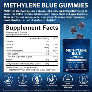 Methylene Blue Gummies 5Mg per Serving, Supports Cognitive Function, Cellular Energy, Mental Focus, Antioxidant Activity, 99.9% Pure | 30 Gummies