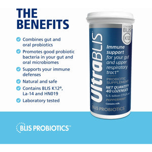 BLIS Ultrablis Probiotic Lozenges - Immune, Gut & Oral Health, K12, Peppermint - 40 Count