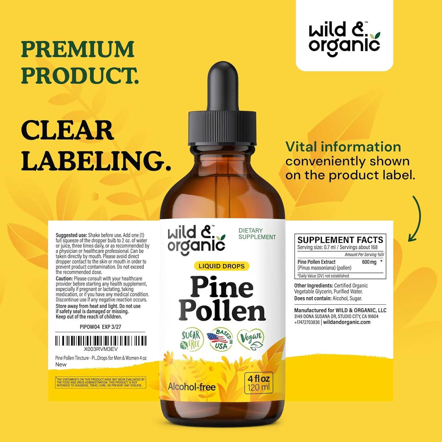 Wild & Organic Pine Pollen Tincture - Pine Pollen for Men & Women - Add to Tea & Drink - Pure Pinus Massoniana Extract Drops - Vegan, Sugar & Alcohol-Free Liquid Supplement - 4 Fl Oz