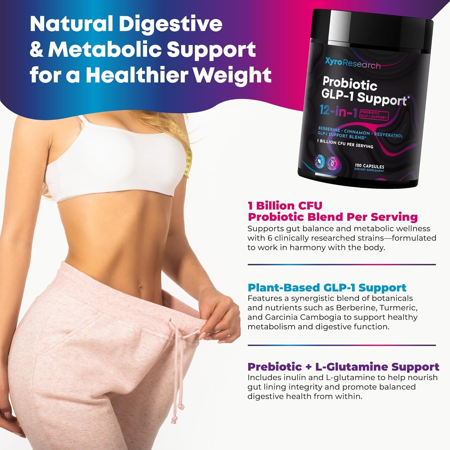 GLP-1 Support Probiotic Weight Loss Supplement - GLP1 Support for Women Men with Berberine - Natural Daily Oral GLP 1 Support Fat Burn Healthy Metabolism Gut Health - Vegan Gluten Free