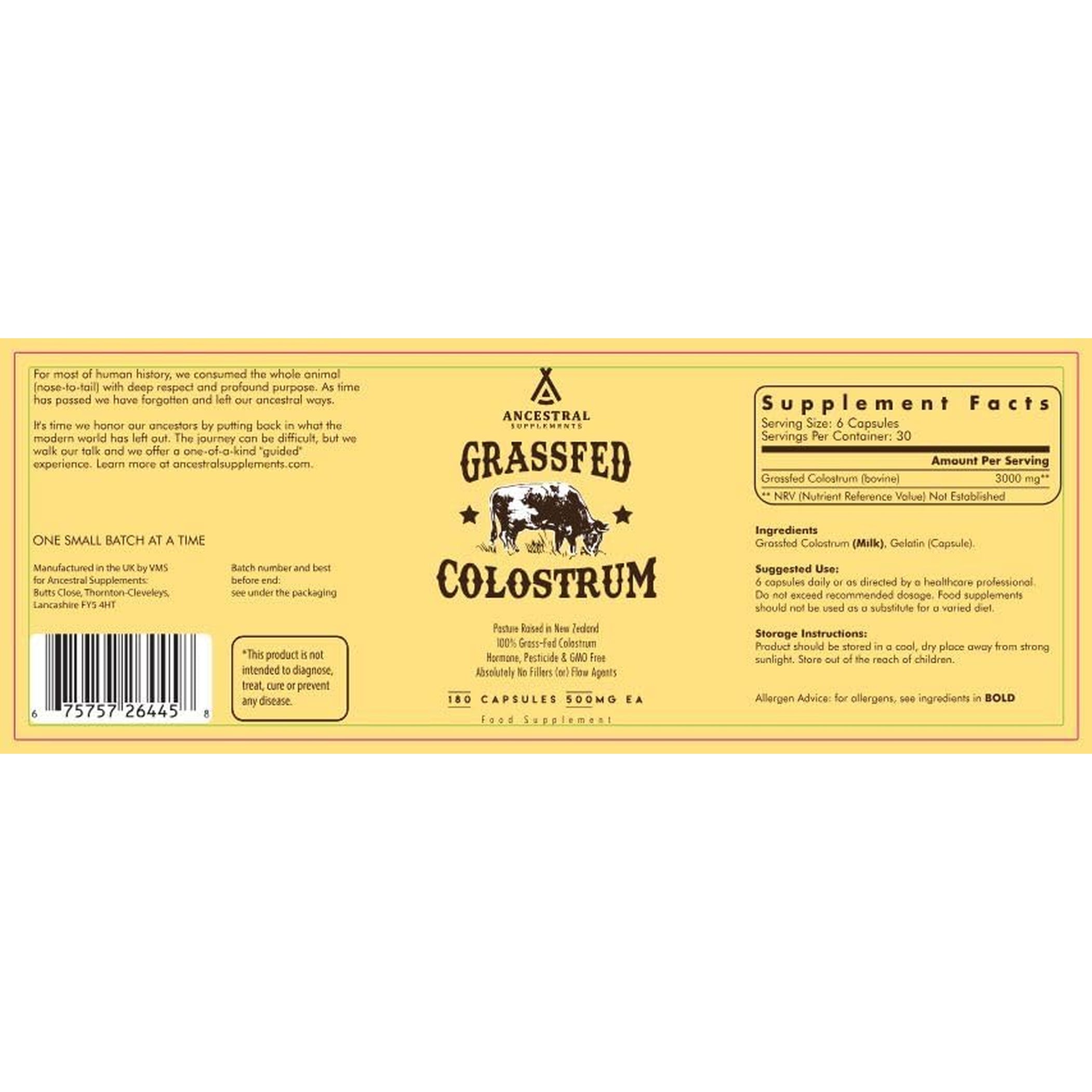 Ancestral Supplements Grass Fed Beef Colostrum Supplement, 3000 Mg, Offers Immune Support and Promotes Gut Health, Athletic Performance, Healthy Iron Levels, Growth and Repair, Non GMO, 180 Capsules