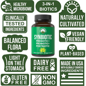 Synbiotic = Prebiotic + Probiotic + Postbiotic 3-In-1 Supplement with Clinically Tested Ingredients - Pre and Probiotics plus Important Tributyrin Corebiome for Gut - 60 Vegan Capsules for Women + Men