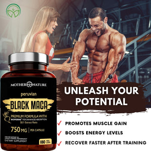 Black Maca Root 50:1 750Mg – 180 Capsules Organic Peruvian Maca Peruana Supplement for Men | High Potency Energy, Mood & Performance Support | Vegan, Non-Gmo