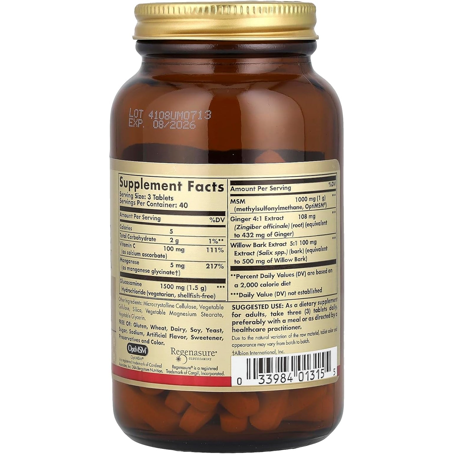 Solgar Glucosamine MSM Complex, 120 Tablets - Promotes Healthy Joints - Supports Range of Motion & Flexibility - Supports Collagen - Shellfish-Free - Gluten Free, Dairy Free, Kosher - 40 Servings