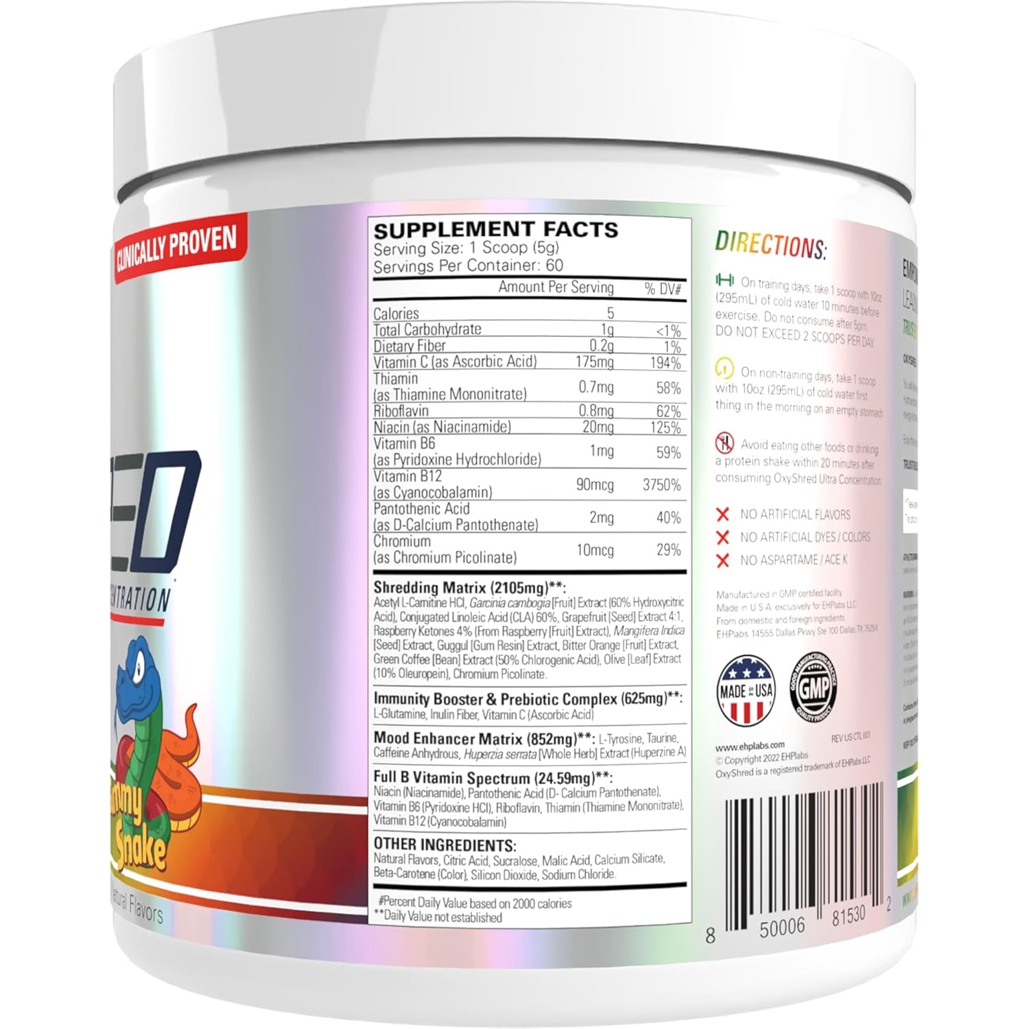 EHP LABS Oxyshred Pre Workout Powder - Preworkout Powder with L Glutamine & Acetyl L Carnitine, Energy Boost Drink - Gummy Snake, 60 Servings