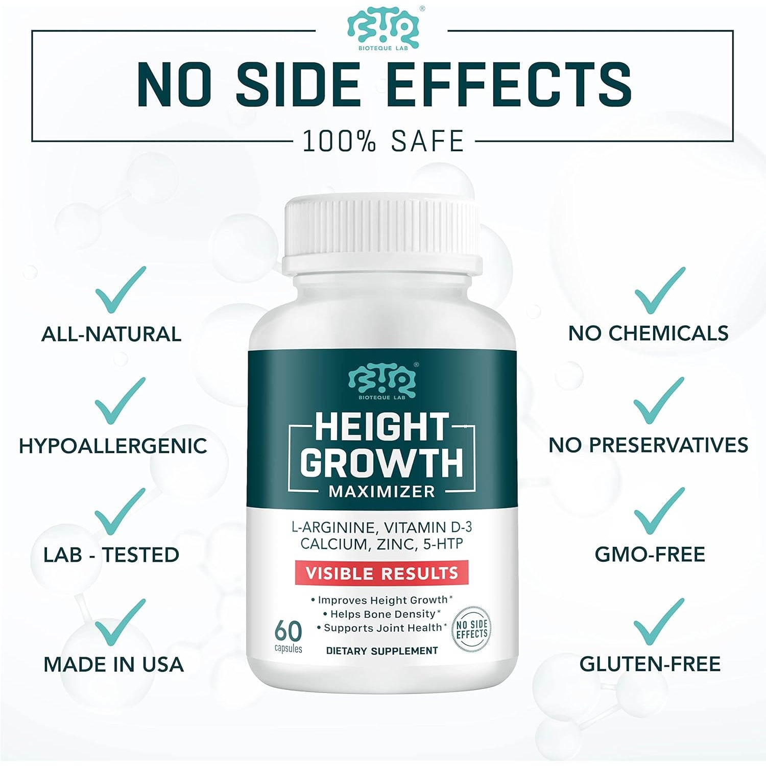 BIOTEQUELAB Height Growth Maximizer, Calcium, Vitamin D3 and Zinc Blend Pills, Bone Growth Supplement for Kids and Teens, Bone Strength, Density Support, Gmo-Free, Gluten-Free, Made in USA, 60 Caps
