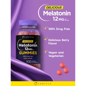 Carlyle Melatonin Gummies 12Mg | 100 Count | Berry Flavor | Vegan Supplement | Non-Gmo, Gluten Free