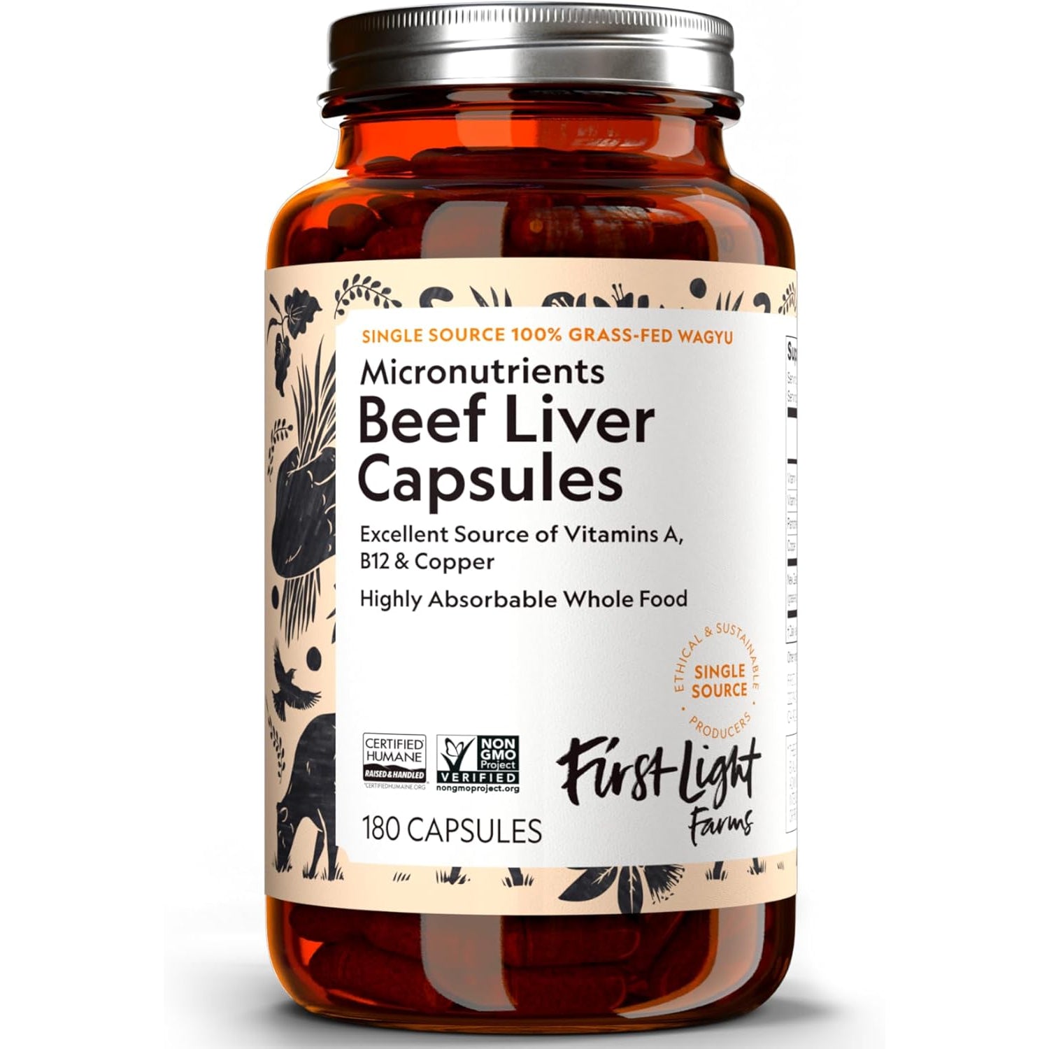 First Light Farms Grass-Fed Beef Liver Capsules | Nutrient-Dense Whole Food Nutrition, Freeze-Dried, Grassfed & Certified Humane | 180 Capsules for Energy, Immunity, and Overall Wellness