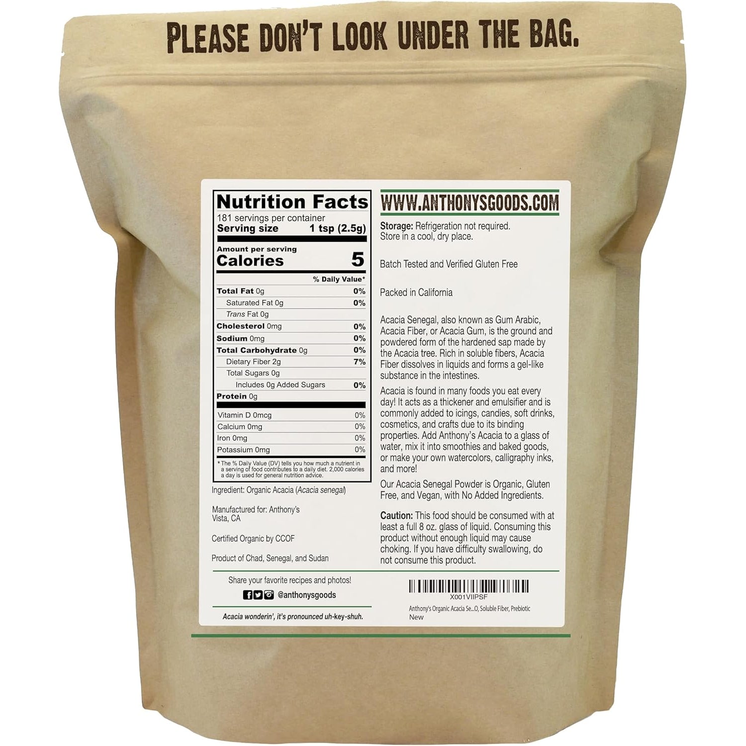 Anthony'S Organic Acacia Senegal Powder, 1 Lb, Batch Tested Gluten Free, Non GMO, Soluble Fiber, Prebiotic