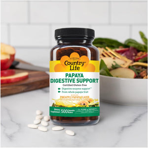 Country Life Chewable Papaya Enzymes for Digestion Support - Natural Pineapple & Papaya Flavor, Assists with Nutrient Absorption, Contains Papain & Protease - 200 and 500 Wafers Available