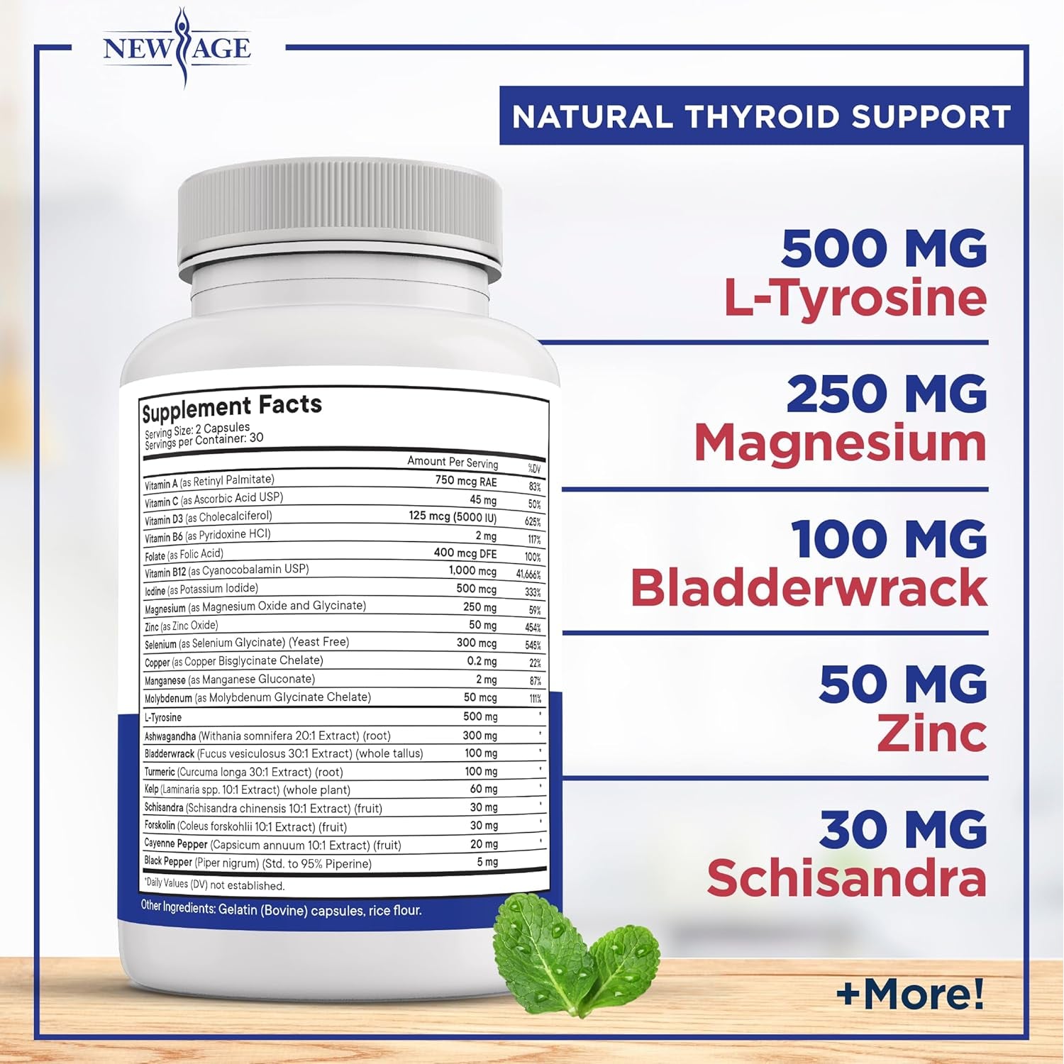 NEW AGE Thyroid Support Supplement for Women & Men with Iodine, B12, Zinc, Selenium, Ashwagandha, Bladderwrack, Turmeric, Schisandra - Non-Gmo - 120 Count