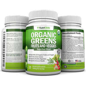 Organic Super Greens Capsules - Fruit and Vegetable Supplements - 120 Count - 28 USDA Organic & Vegan Premium Ingredients - Superfood Blend for Immune Health, Digestion & Energy - Whole Food Vitamins